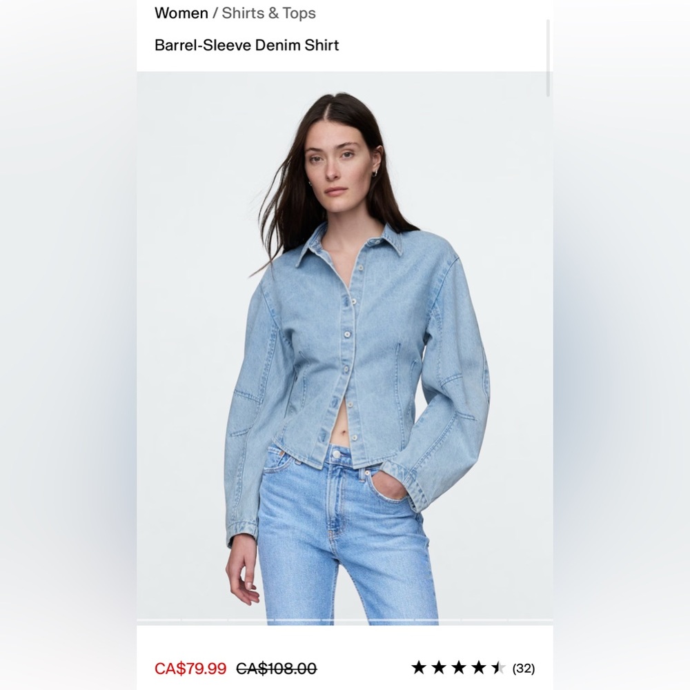 GAP Light Blue Denim Barrel Sleeve Shirt